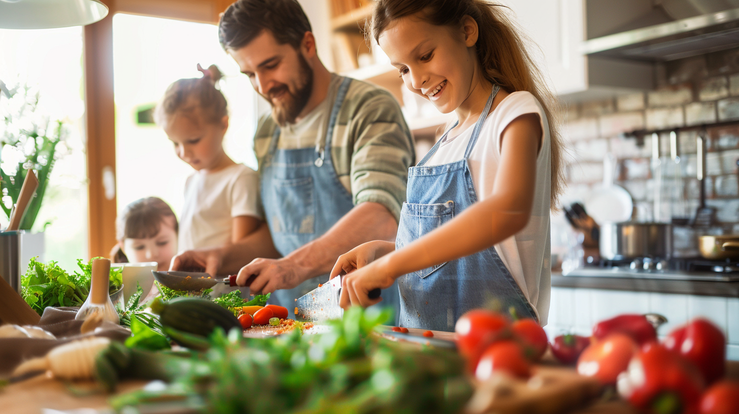 Сім'я готує здорову їжу разом